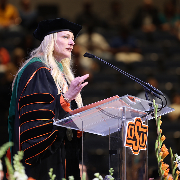 OSU President Kayse Shrum speaks during the OSU College of Osteopathic Medicine commencement ceremony. OSU President Kayse Shrum speaks during the OSU College of Osteopathic Medicine commencement ceremony.