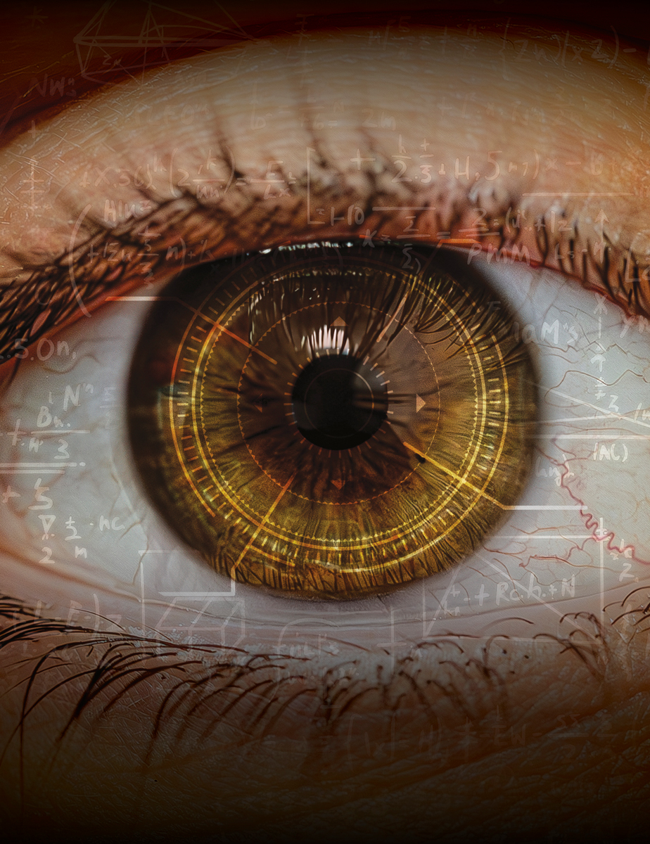 Close up of brown eye with an overlay of a formula