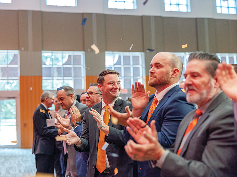 Chancellor Sean Burrage, Sen. Chuck Hall, Speaker Kyle Hilbert, Rep. Trey Caldwell and Sen. Todd Gollihare applaud at the Celebrating Oklahoma’s Veterinary Future event.