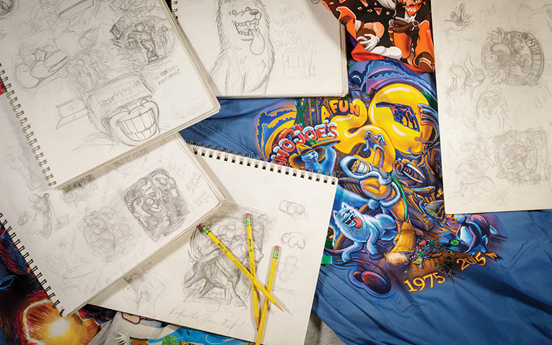 From paper to print, Mike Staubus’ ideas start as a sketch before becoming a kaleidoscope of color: an eye-catching product that makes Eskimo Joe’s stand out.